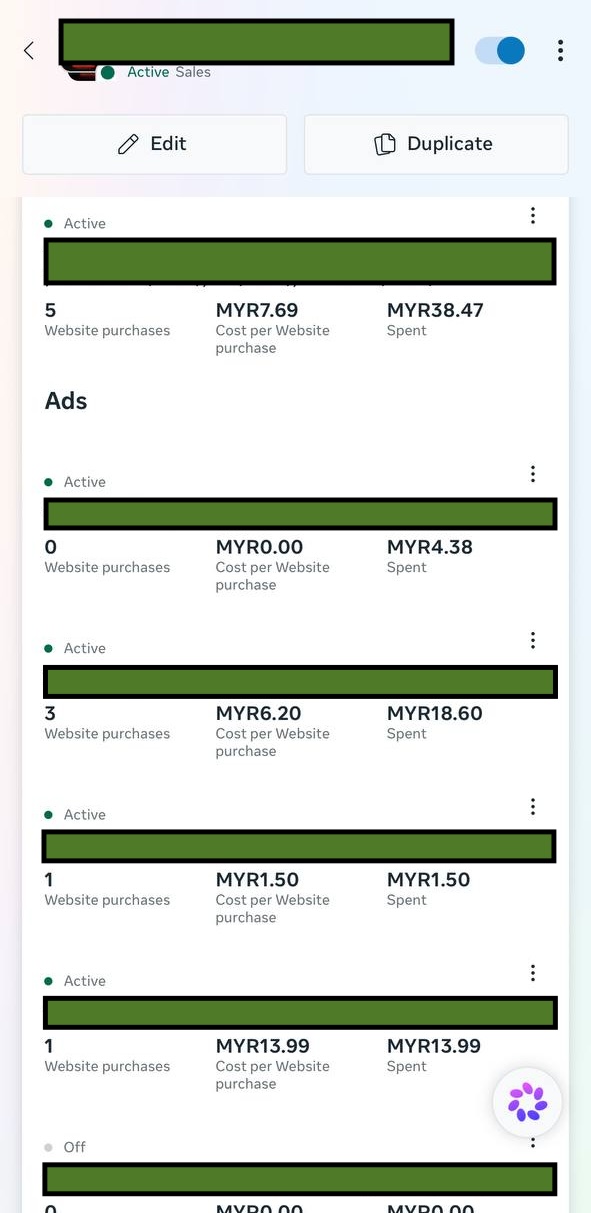Screenshot Ads Manager — 1 adset dengan beberapa ads di bawahnya