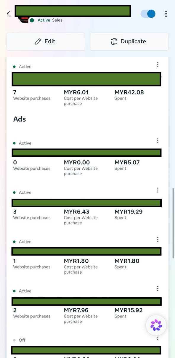 Screenshot Ads Manager — 1 adset dengan beberapa ads di bawahnya