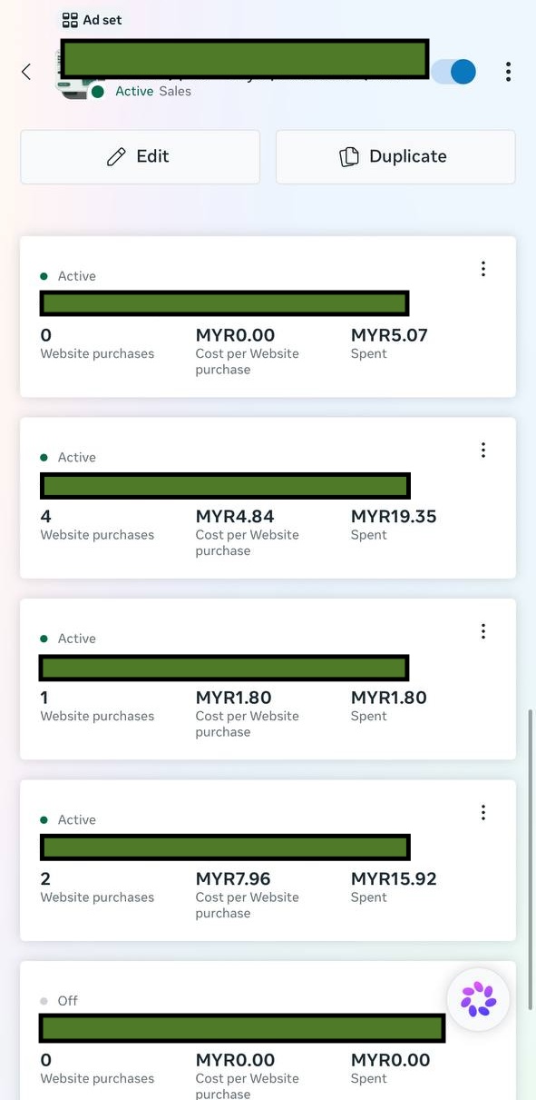 Screenshot Ads Manager — 1 adset dengan beberapa ads di bawahnya